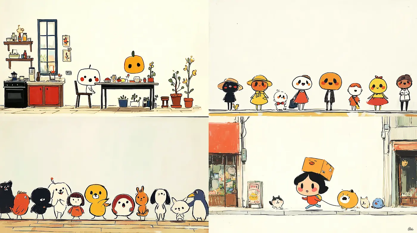 Charming and Playful Illustrated Scenes with a Cozy Vibe - Midjourney sref style