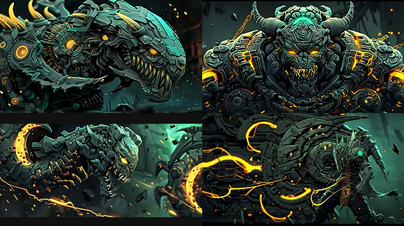 Neon Cybernetic Mythos: A Synthesis of Mechanized Beasts in a Dark Sci-fi Setting - Midjourney sref style