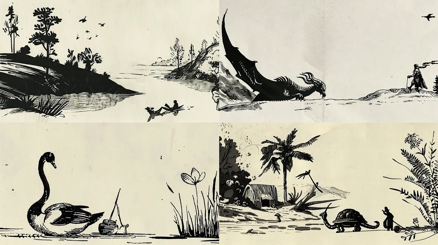 Monochromatic Ink Wash Reflections in Illustrative Style - Midjourney sref style