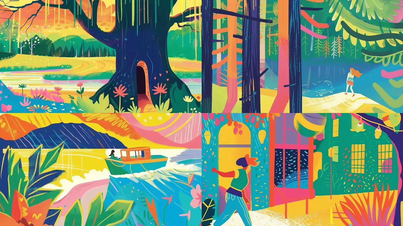 Vibrant Storybook Dreamscape: A Harmonious Blend of Colorful, Whimsical Illustration - Midjourney sref style