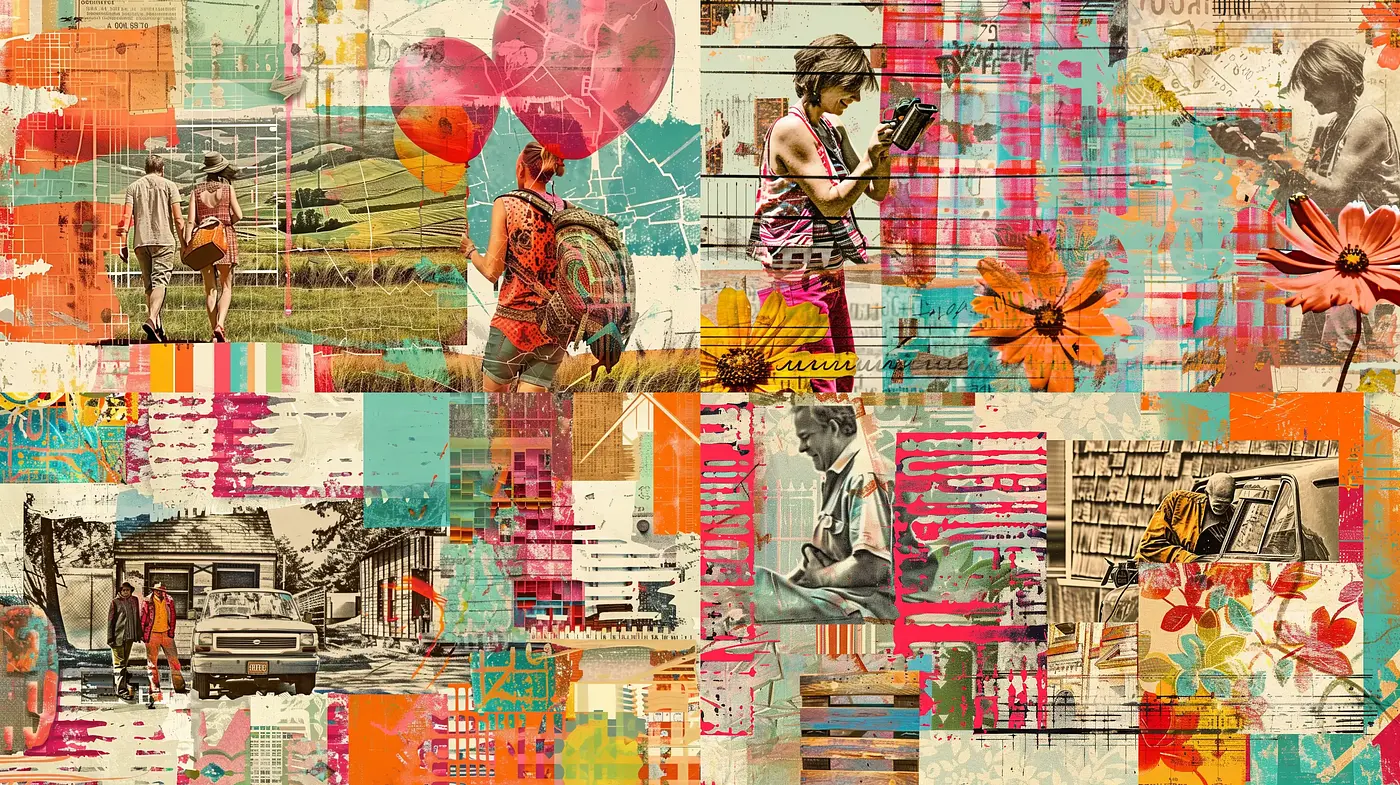 Collage of Textured Narratives: A Tapestry of Vintage Ephemera and Contemporary Fusion - Midjourney sref style