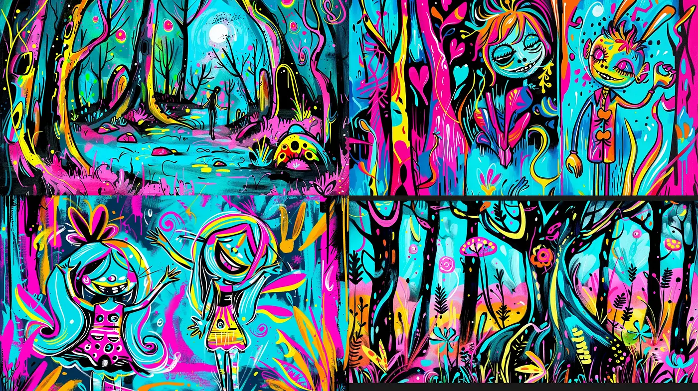 Neon Whimsy: A Vivid Dreamscape of Fluorescent Enchantment - Midjourney sref style