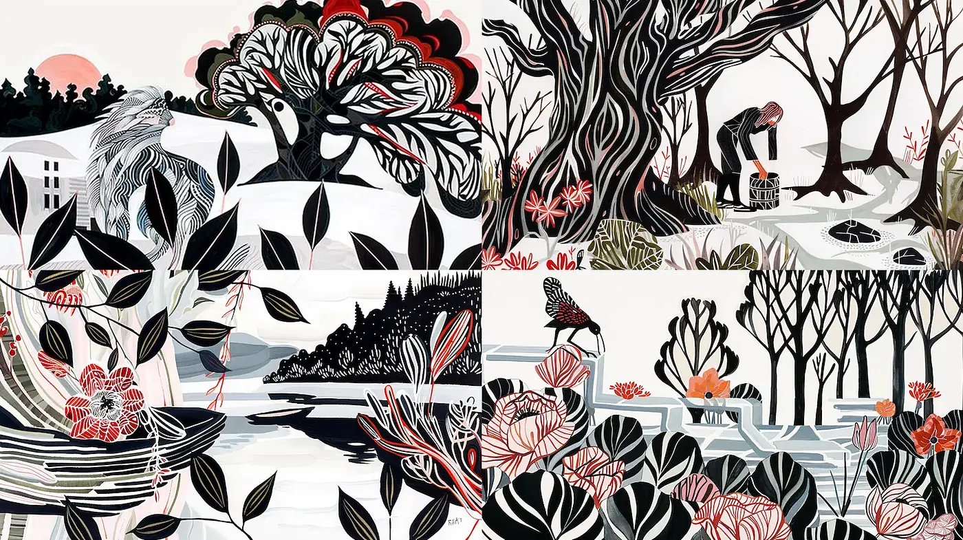 Consistent Elements in Stylistic Imagery with Nature Themes - Midjourney sref style