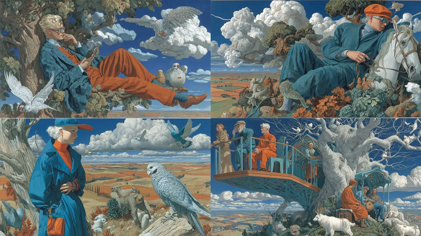 Whimsical and Surreal Landscapes with a Narrative Touch - Midjourney sref style