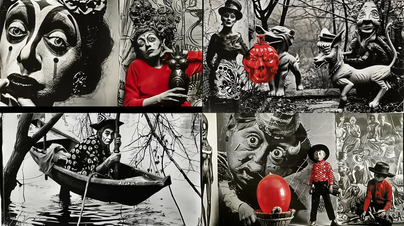 Surrealistic Black and White Imagery with Playful Elements - Midjourney sref style
