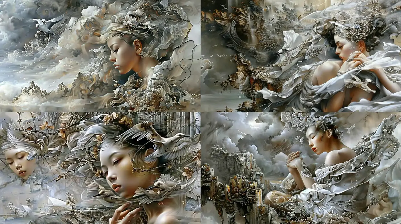 Ethereal Dreamscape Symphony: A Fusion of Baroque and Surrealist Sensibilities - Midjourney sref style