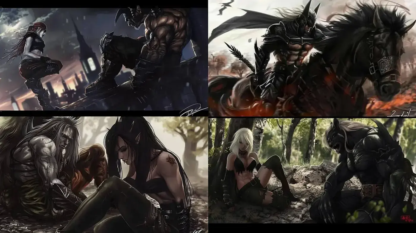 Dramatic and Dynamic Character Illustrations with Dark Fantasy Elements - Midjourney sref style