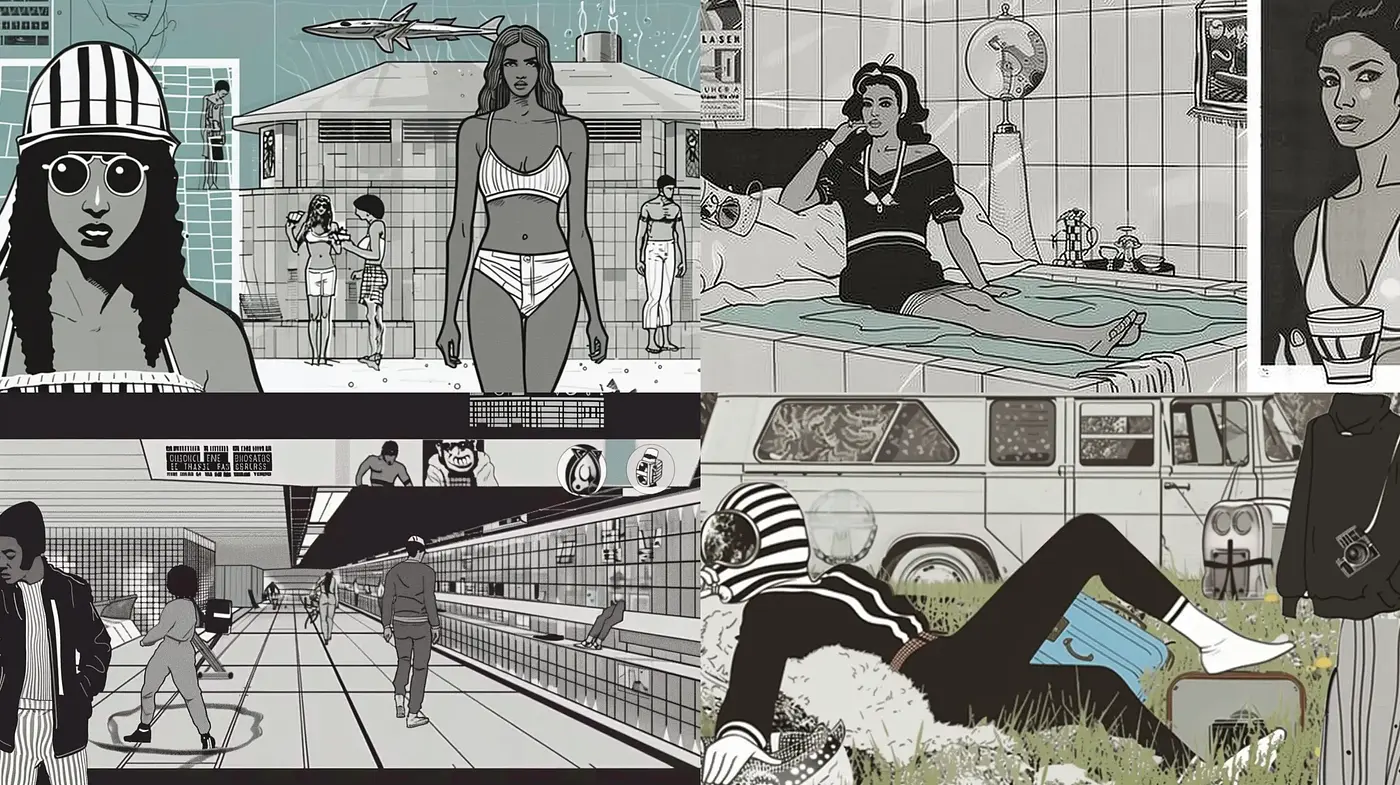 Monochromatic Retro-Futuristic Illustrations with Graphic Novel Aesthetics - Midjourney sref style