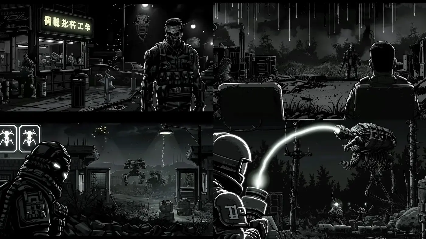 Dark, gritty, and atmospheric illustrations with a mix of sci-fi and dystopian elements - Midjourney sref style