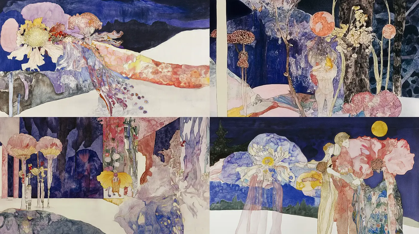Whimsical Dreamscape in Ethereal Watercolor Hues - Midjourney sref style