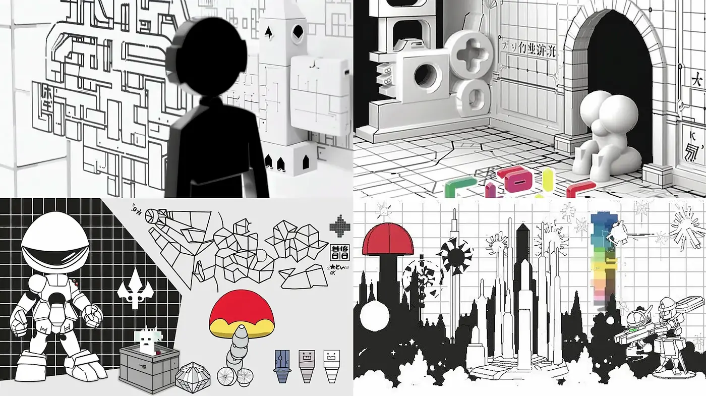 A Cohesive Blend of Geometric Shapes and Monochrome Elements with a Retro Digital Vibe - Midjourney sref style