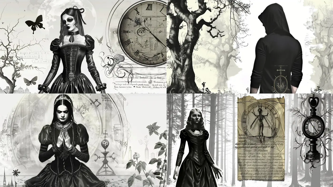 Ethereal Monochrome Dreamscape: A Timeless Melding of Gothic Elegance and Surreal Imaginaries - Midjourney sref style