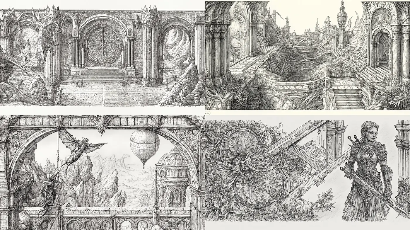 Architectural Fantasy: A Journey Through Intricate Line Art and Monochromatic Elegance - Midjourney sref style