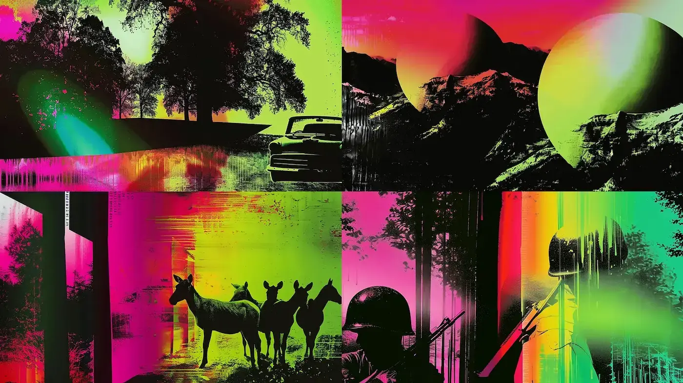Vibrant Neon Surrealism with a Dreamlike Quality and Retro Influences - Midjourney sref style