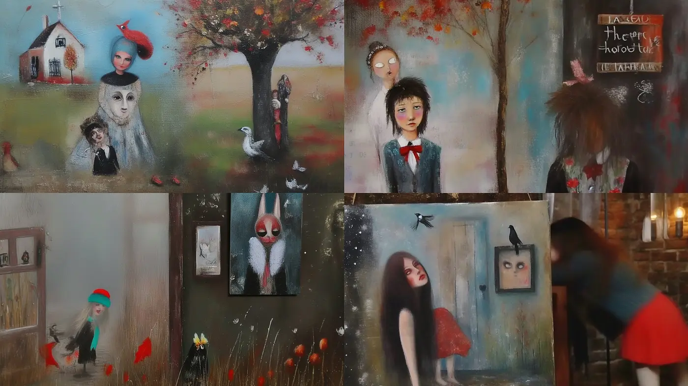 Whimsical Melancholy: Textured Dreamscapes in Muted Earth Tones with Surrealist Elements - Midjourney sref style