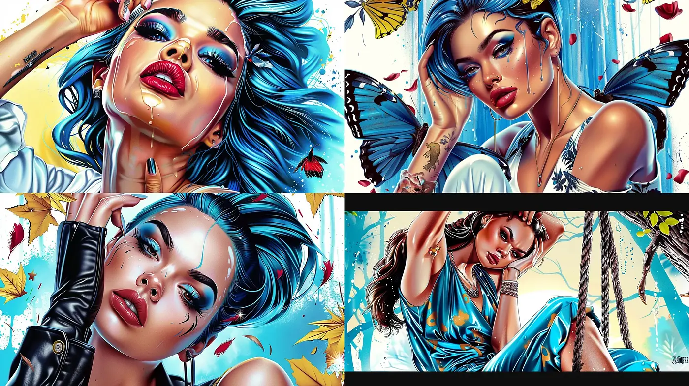 Captivating Azure Dreamscapes: A Harmonious Blend of Hyperrealism and Graphic Novel Aesthetics - Midjourney sref style