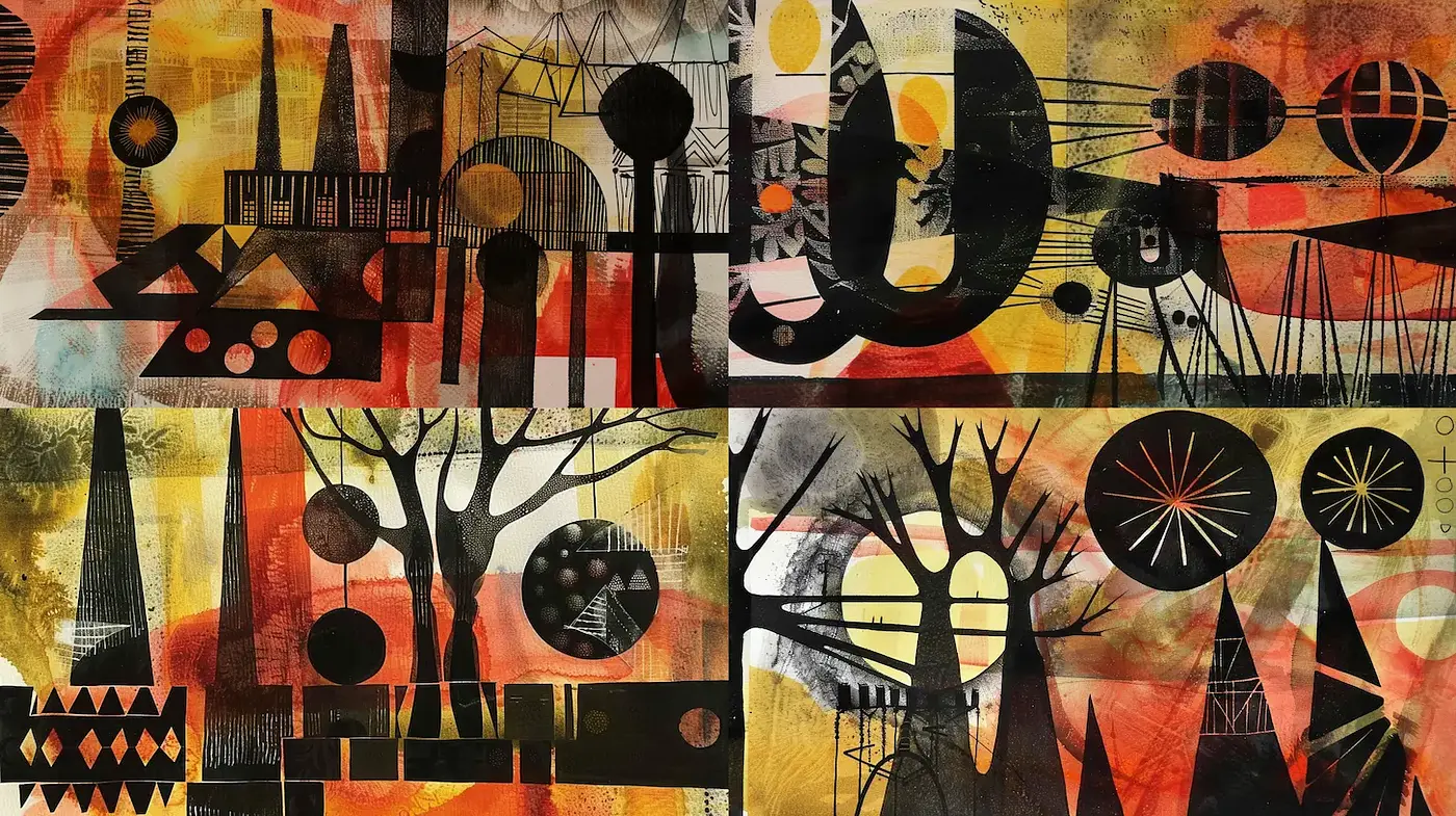 Dynamic Abstract Composition with Geometric Elements and Organic Forms - Midjourney sref style