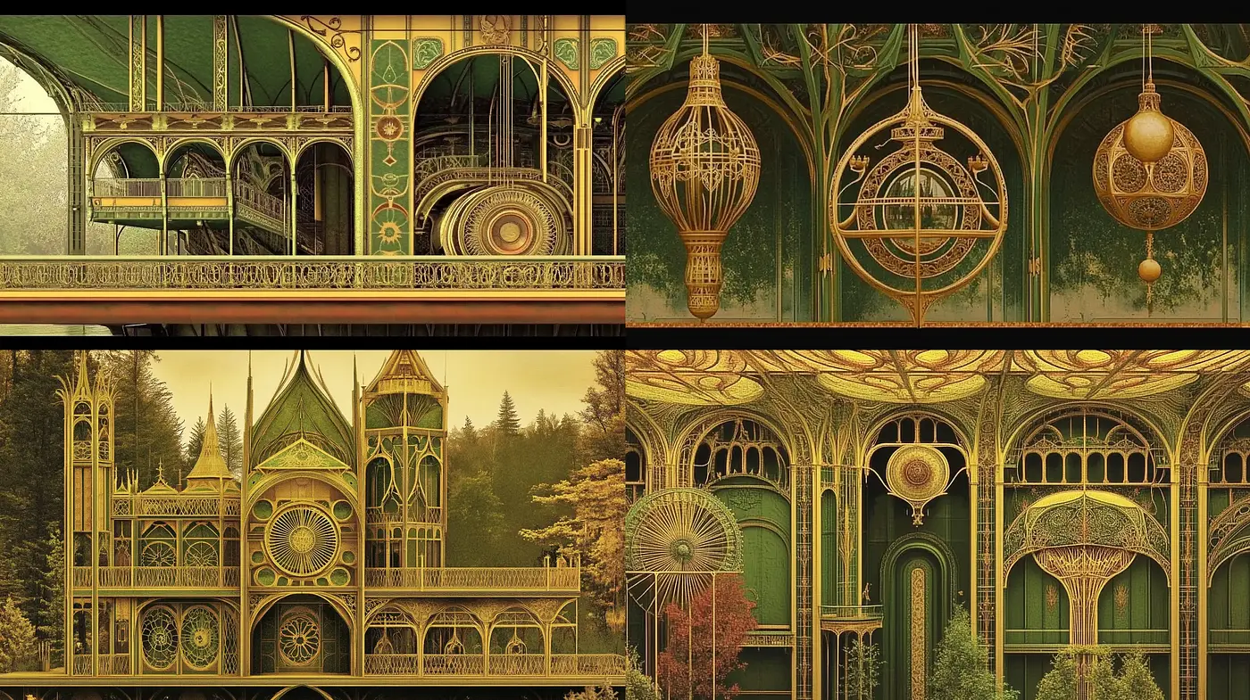 Autumnal Steampunk Conservatories: An Ode to Ornate Mechanized Botanicals - Midjourney sref style