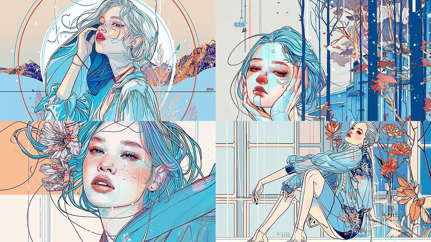 Contemporary Illustrative Style with Floral and Geometric Elements - Midjourney sref style