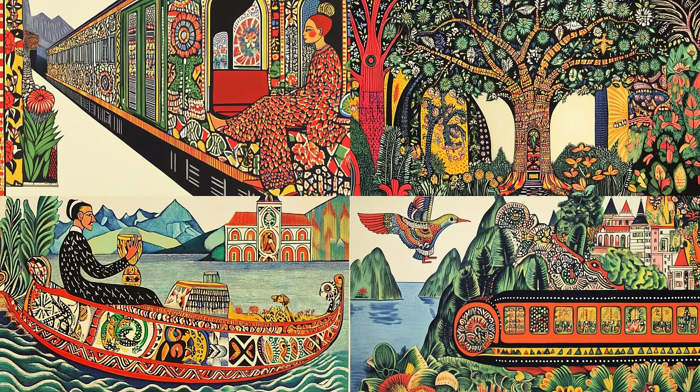 Lush Folkloric Tapestry of Enchanting Landscapes and Vivid Narratives - Midjourney sref style