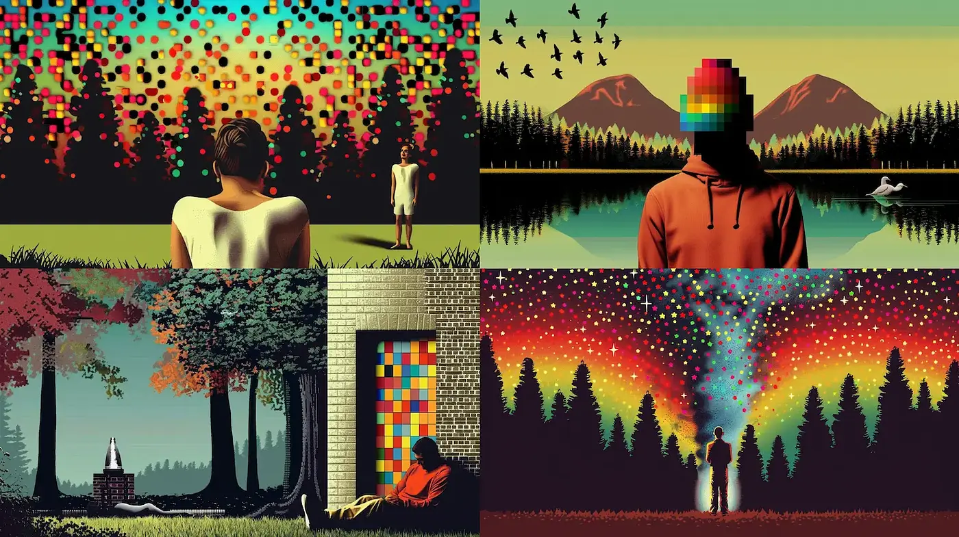 Bright and Vibrant Surreal Landscapes with Geometric Elements - Midjourney sref style