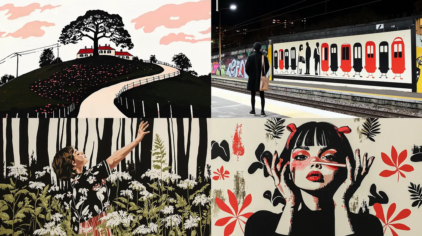 Stylized Narrative Contrast with Bold Silhouettes and Pops of Red - Midjourney sref style
