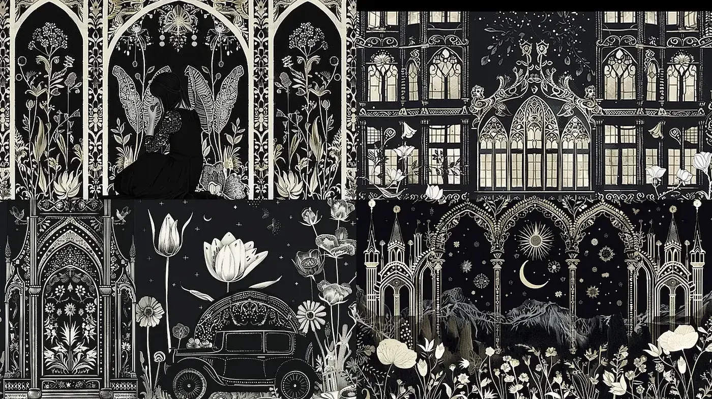 Intricate Gothic-Inspired Illustrations with Whimsical Elements - Midjourney sref style