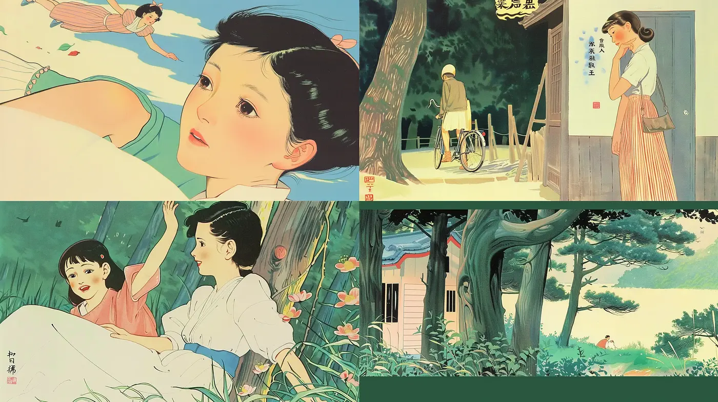 Serene Glimpses of Idyllic Daily Life in a Stylized Pastoral Setting - Midjourney sref style