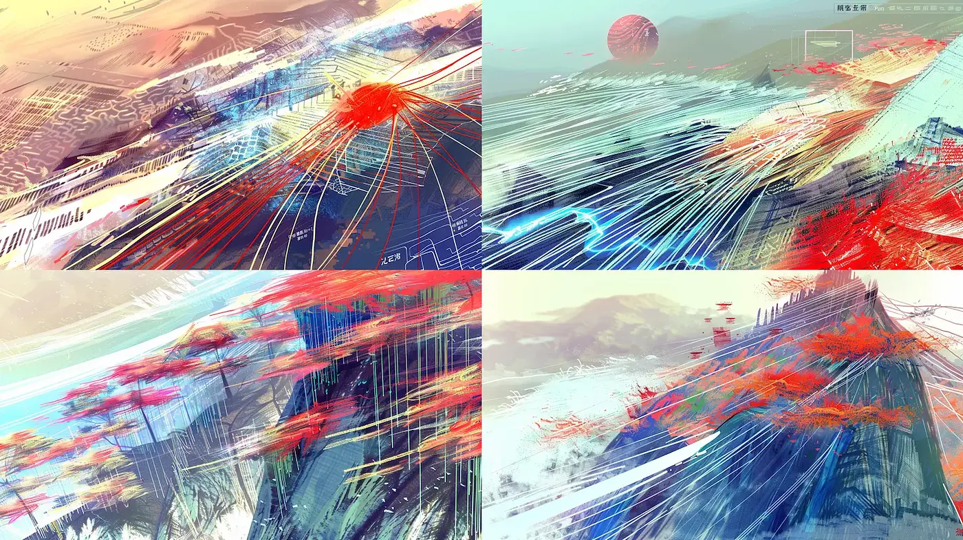 Dynamic Landscape Illustrations with Abstract Movement and Vibrant Contrasts - Midjourney sref style