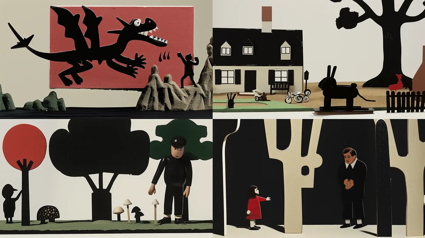 Silhouetted Figures and Bold Contrasts in Stylized Storybook Vignettes - Midjourney sref style