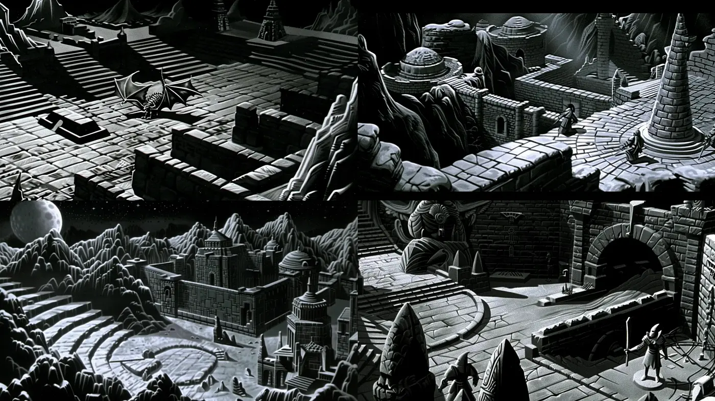 Monochromatic Dreamscape of Stylized Fantasy Realms - Midjourney sref style
