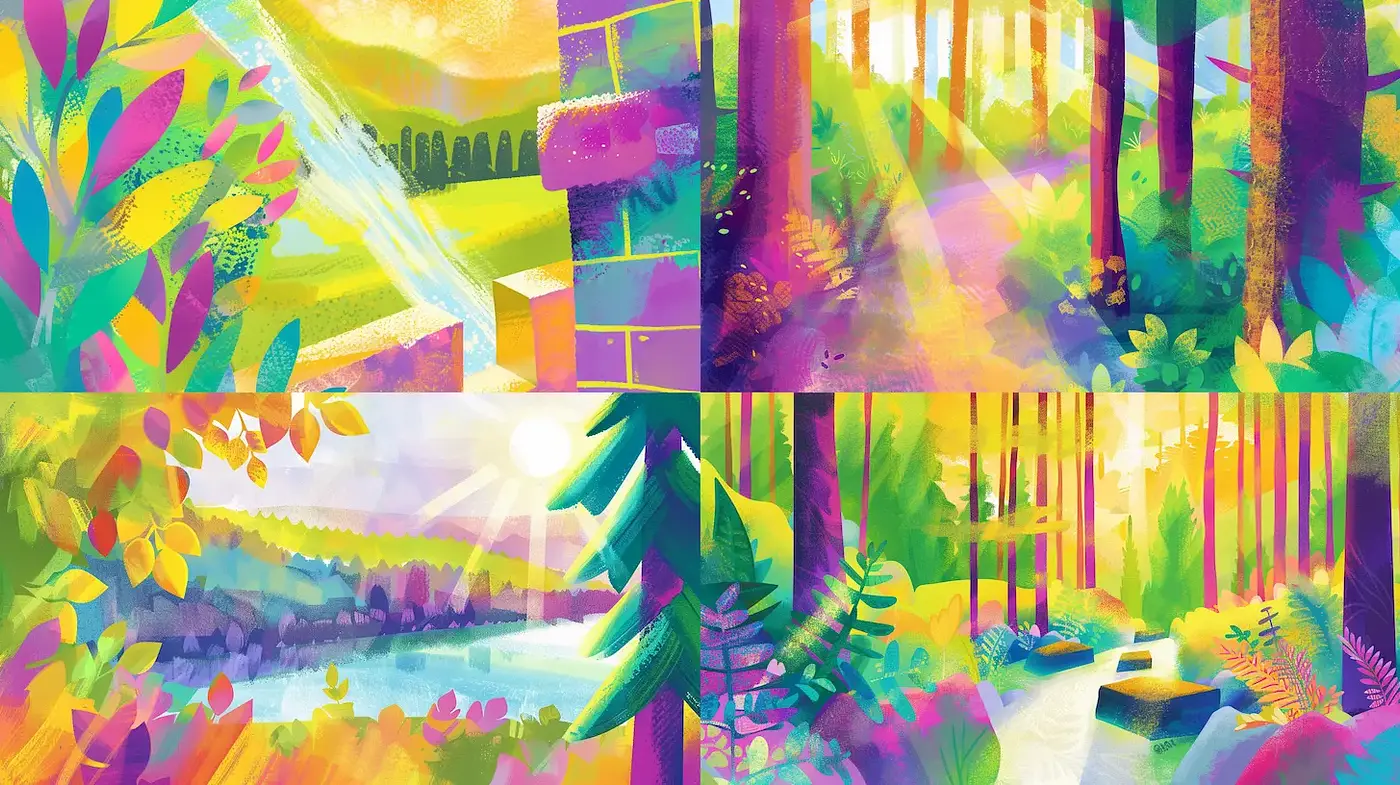 Vibrant, Illustrative Landscapes with a Whimsical Essence - Midjourney sref style