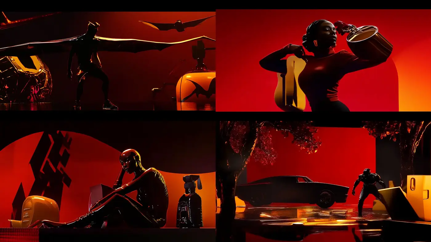 Futuristic Noir Elegance: A Synthesis of High-Contrast Silhouettes Against Monochromatic Tableaus - Midjourney sref style