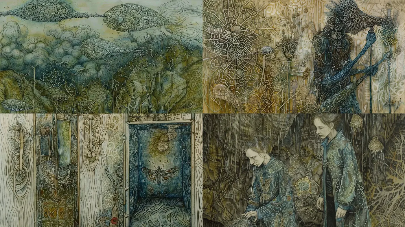 Dreamlike Tapestry of Sepia and Sage - A Fusion of Organic Motifs and Surreal Landscapes - Midjourney sref style