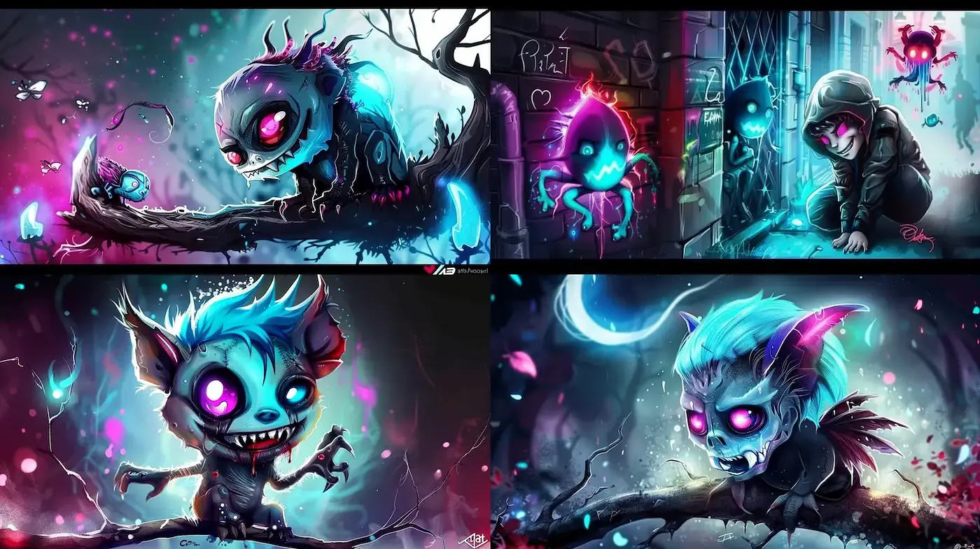 Vibrant and whimsical illustration style with eerie charm - Midjourney sref style