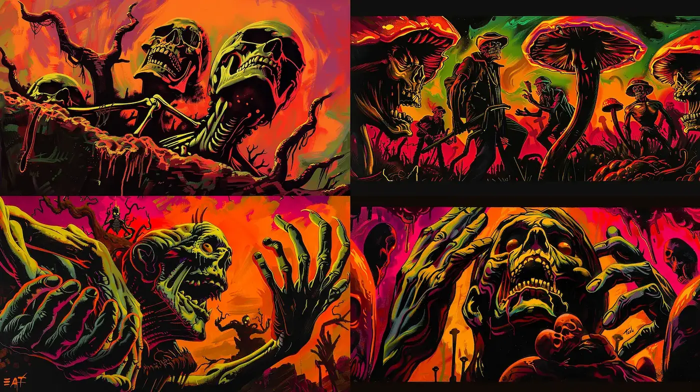 Vibrantly Chaotic Surrealism with a Macabre Twist - Midjourney sref style