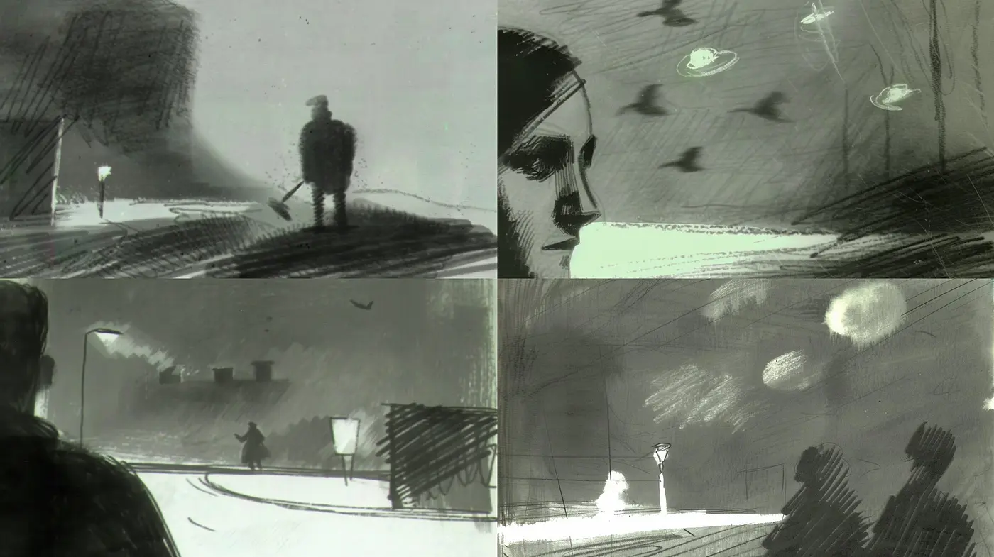 Monochromatic Dreamscape: An Artistic Synthesis of Nostalgia and Abstract Noir - Midjourney sref style