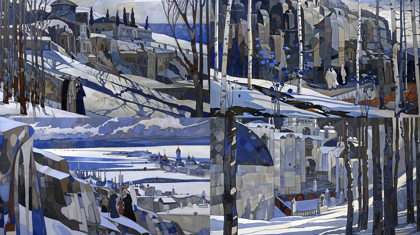 Stylized Winter Panorama with Cubist Influence and Serene Tones - Midjourney sref style