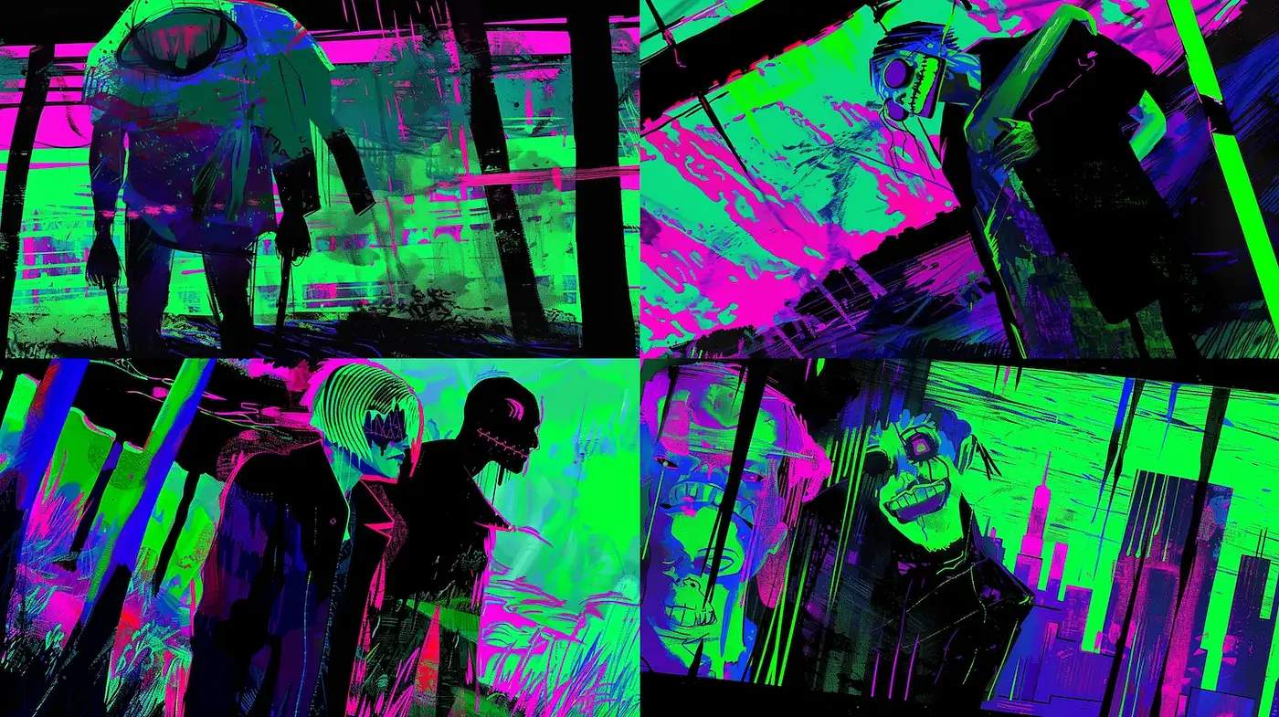Vibrant Neon Cyberpunk with Distorted Textures and Dark Undertones - Midjourney sref style