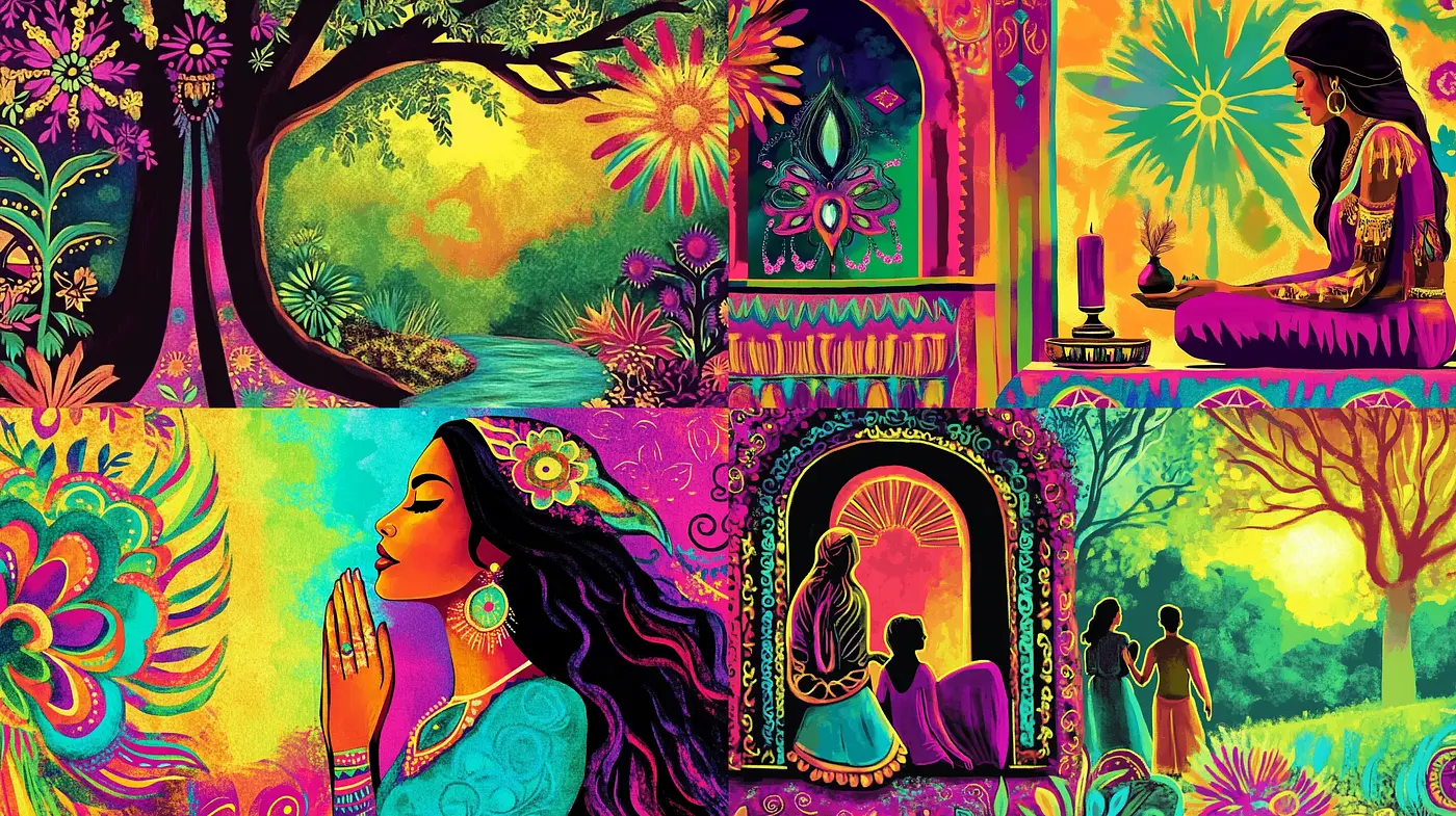 Vibrant Tapestry of Hues: A Lush Mélange of Cultural and Spiritual Harmony - Midjourney sref style