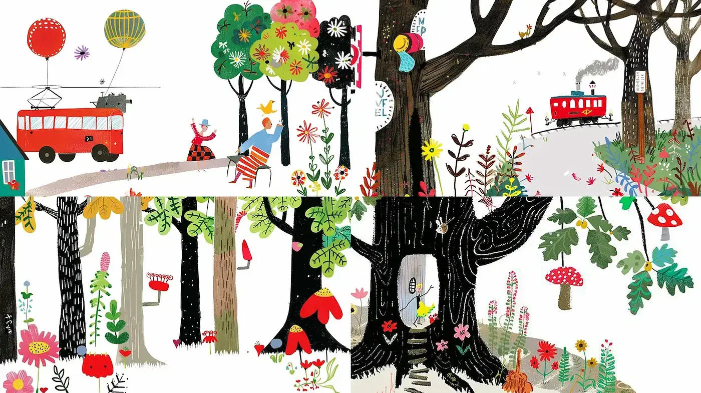 Whimsical Forest Adventure in Playful Illustration Style - Midjourney sref style
