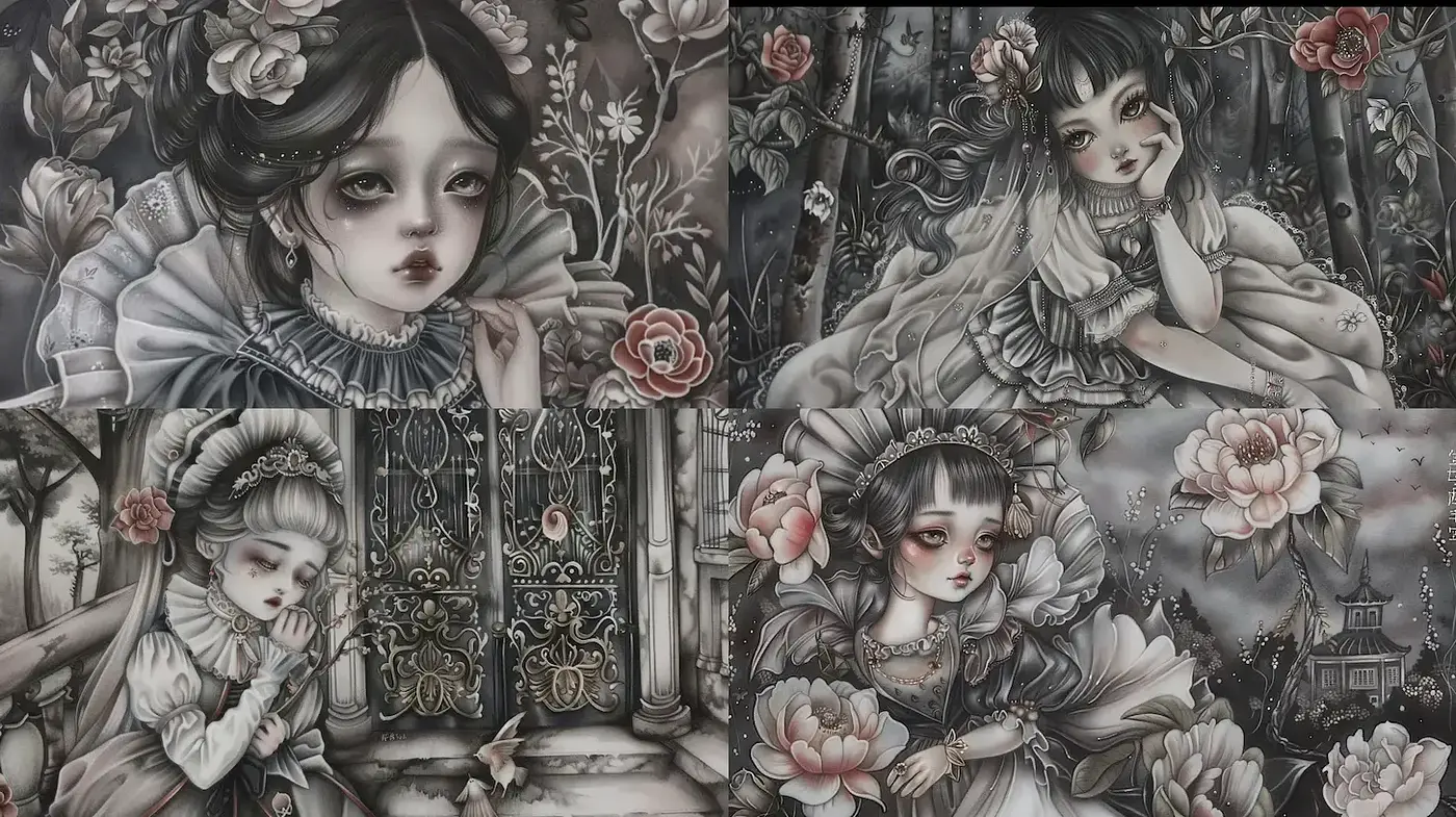 Darkly Whimsical Gothic Aesthetic with Vintage Flavors - Midjourney sref style