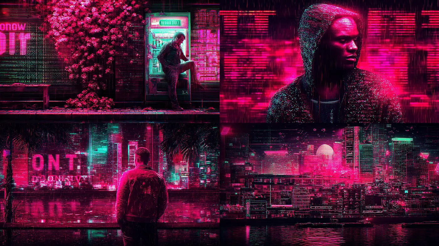 Cyberpunk Influence with Neon Aesthetics and Emotional Depth - Midjourney sref style