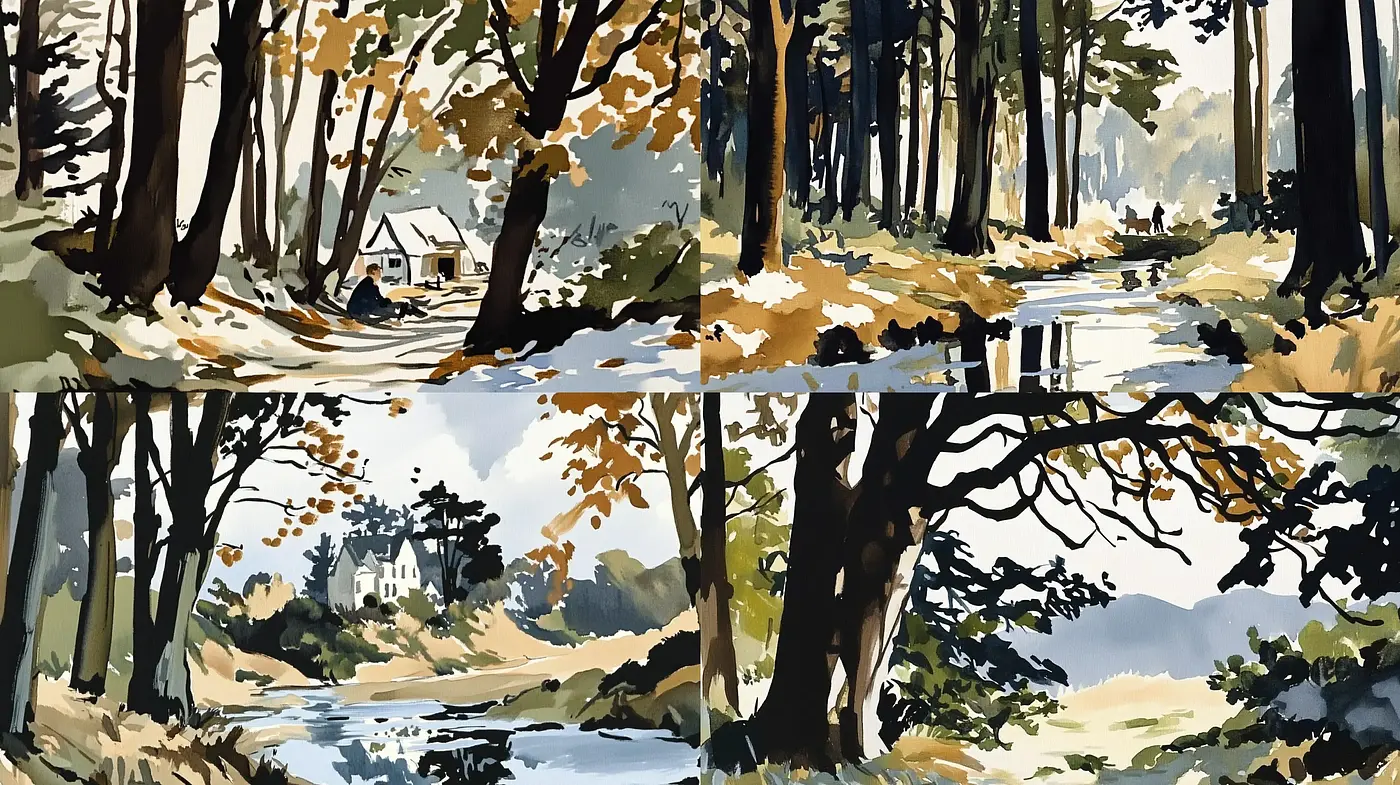 Rustic Serenity in Earthy Tones: Consistent Elements in Diverse Landscapes - Midjourney sref style
