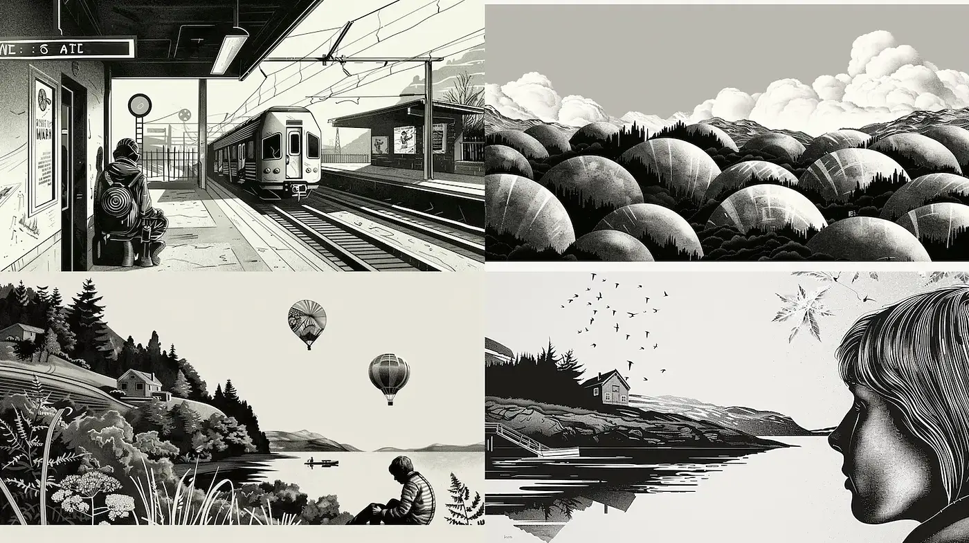Contemporary Black and White Illustrations with a Touch of Surrealism - Midjourney sref style