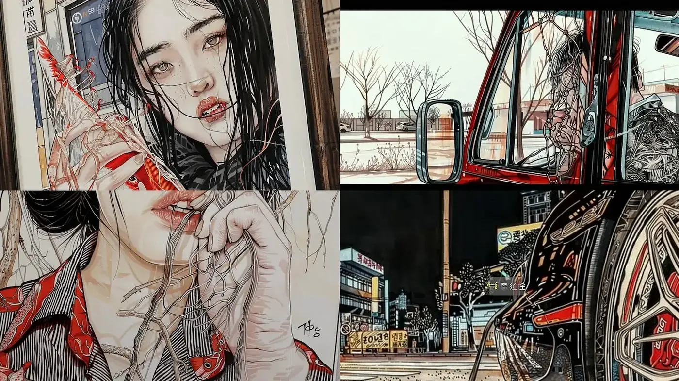 Fusion of Urban Realism with Surrealistic Elements and Organic Textures - Midjourney sref style