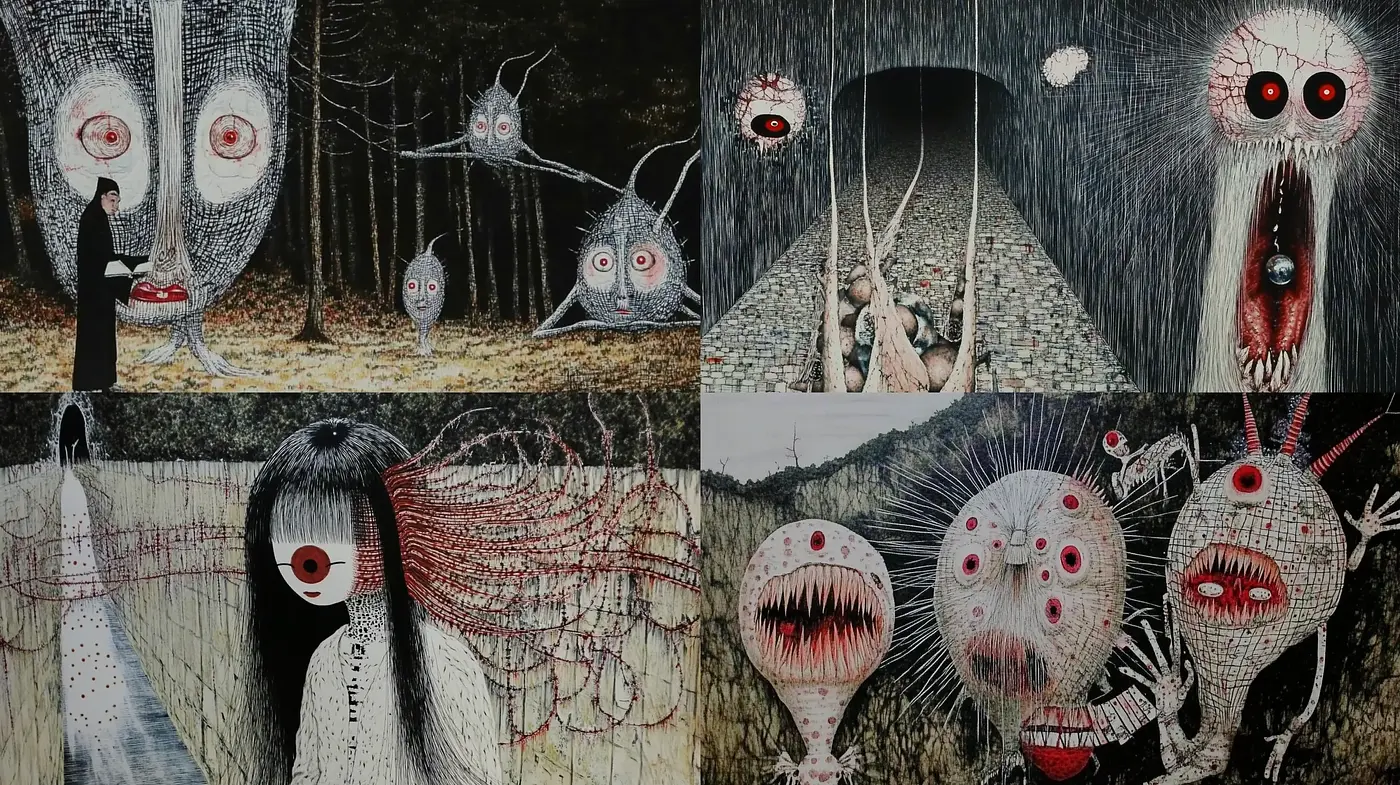 Surreal Textured Narratives with a Gritty Tim Burton-esque Aesthetic - Midjourney sref style