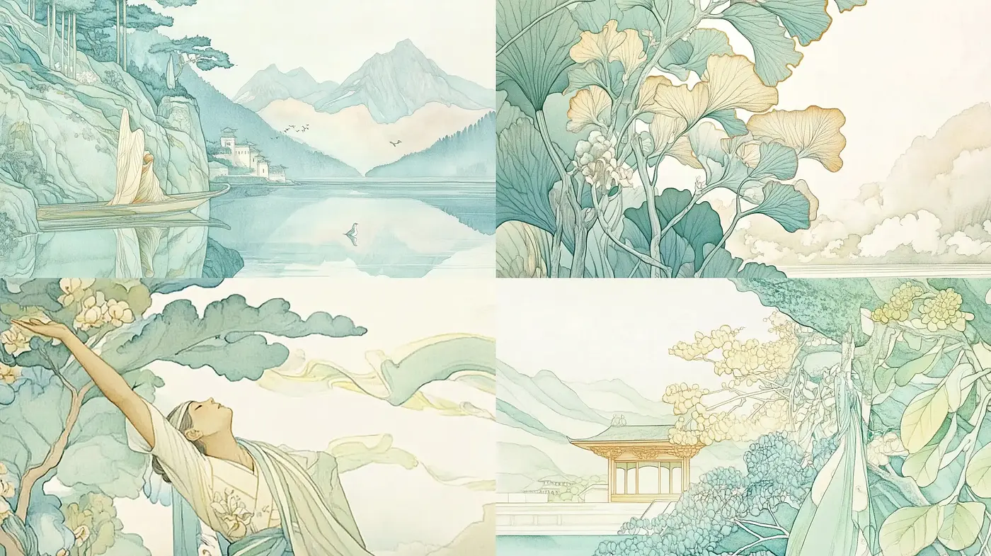 Ethereal Serenity in Soft Pastel Art Nouveau Fusion - Midjourney sref style