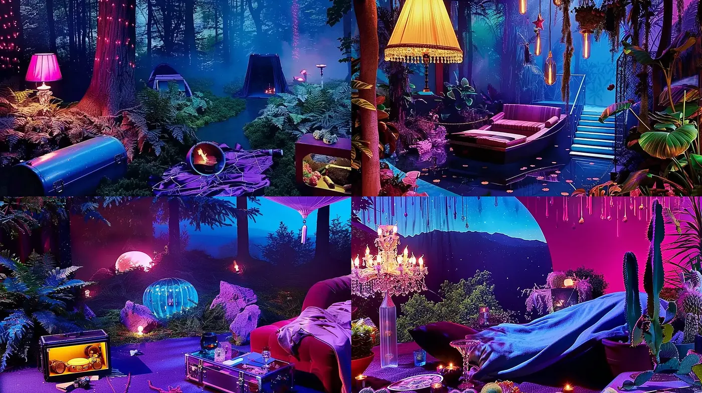 Synthetic Dreamscapes: Neon Naturals with Surrealist Overtones - Midjourney sref style