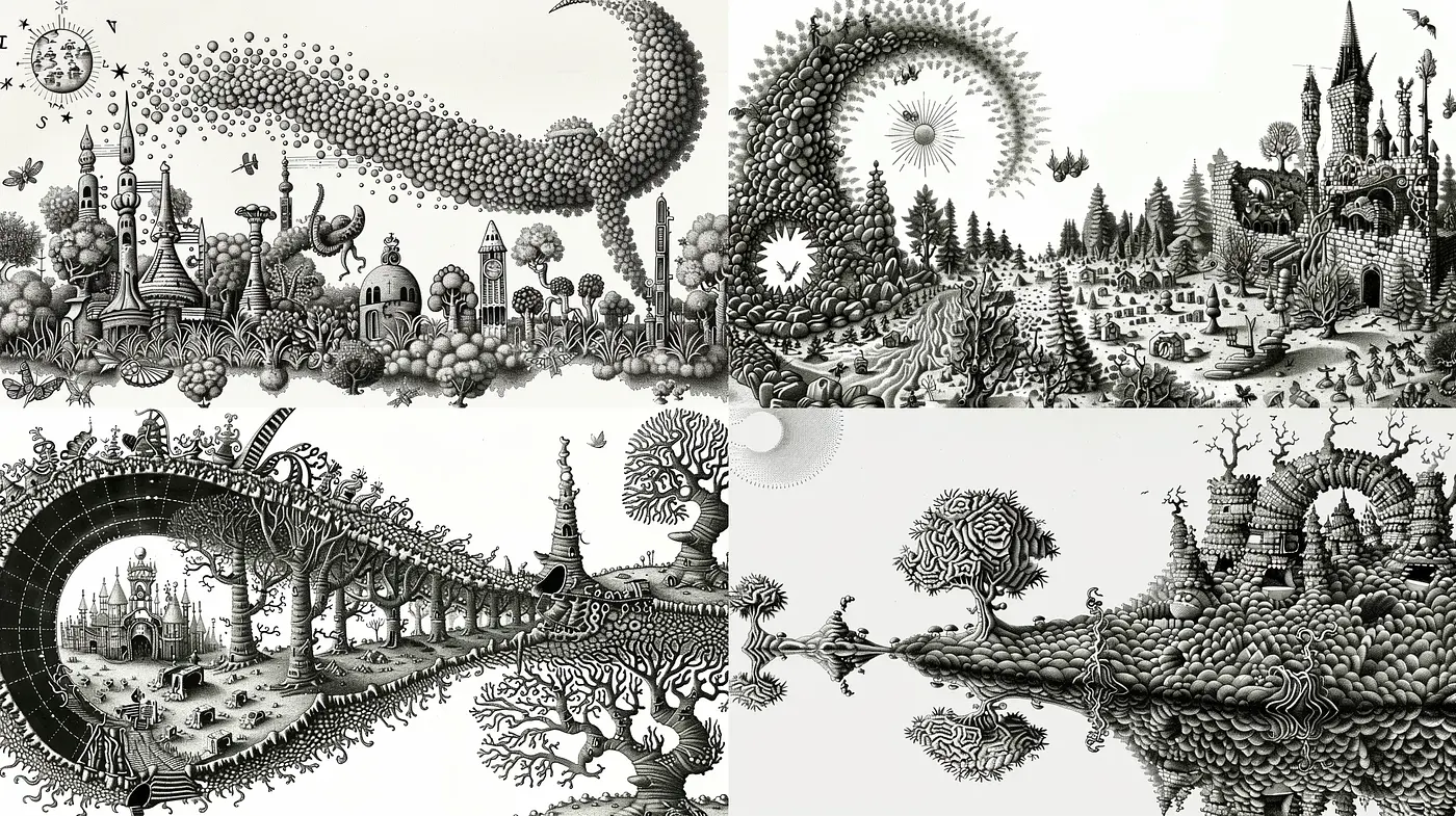 Dreamlike Fantasy Worlds in Monochrome Etching Style - Midjourney sref style